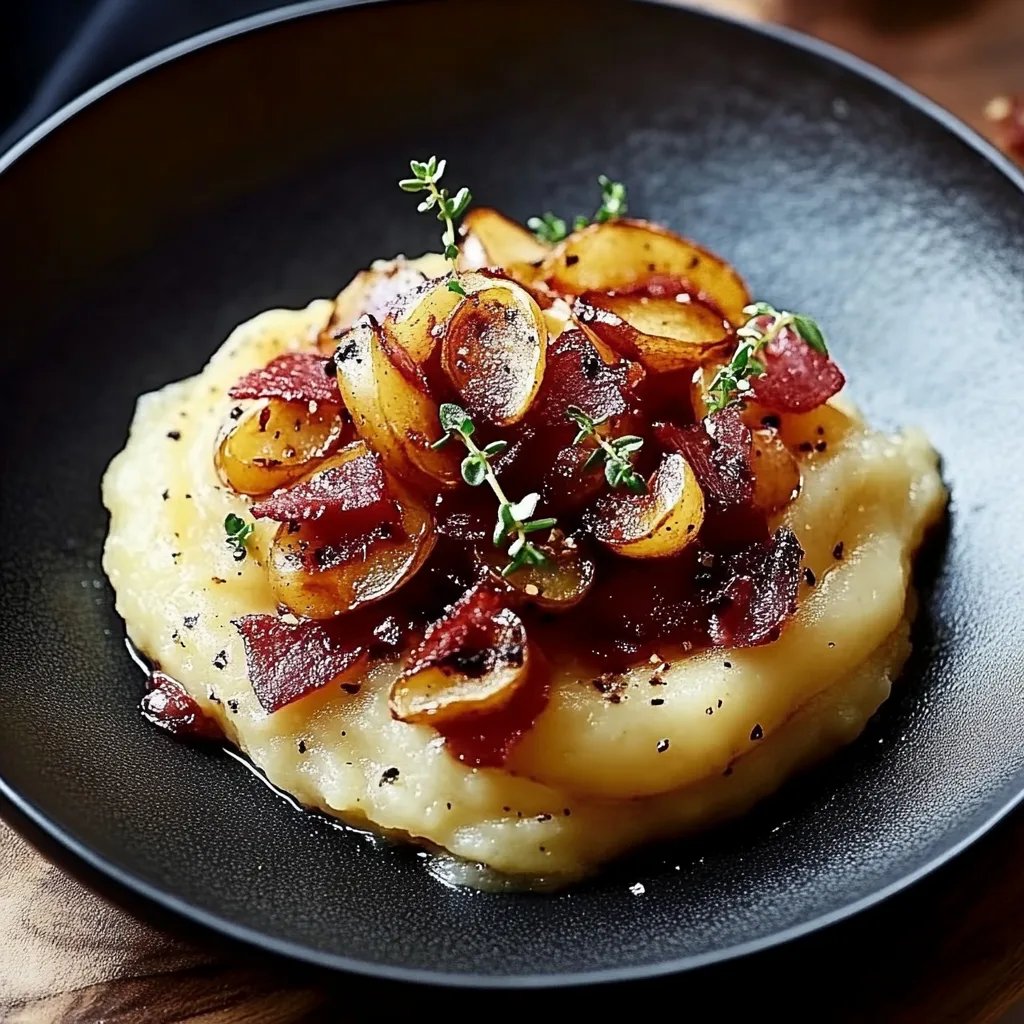 Kartoffelpüree mit karamellisierten Zwiebeln und Speck